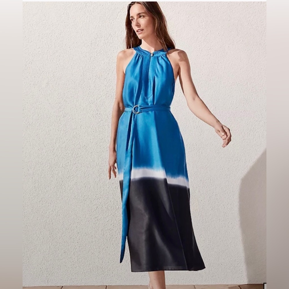 Ann Taylor Blue black Ombre satin effect belted Halter Dress size 0 BRAND NEW